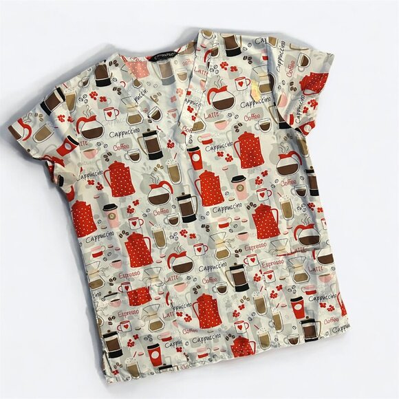 LOVE YOU LATTE Scrub Top Ladies  V-Neck 2 Pocket Scrub Top Size Small Coffee - Picture 11 of 11